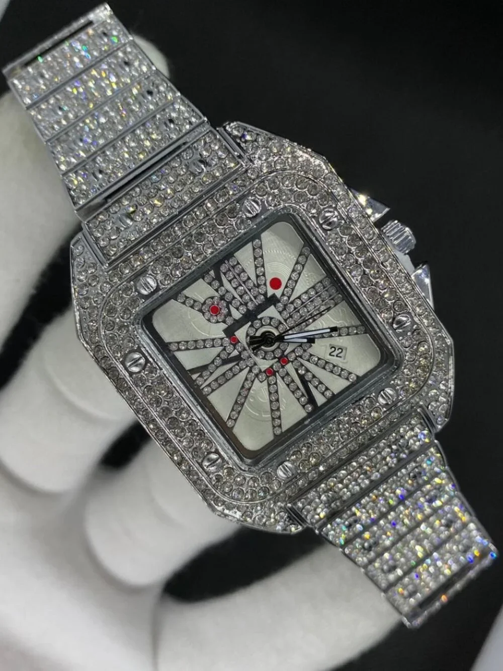 Square Special Red Dial Date Iced Out Diamond Watch, Luxury Hip Hop Watch Unisex